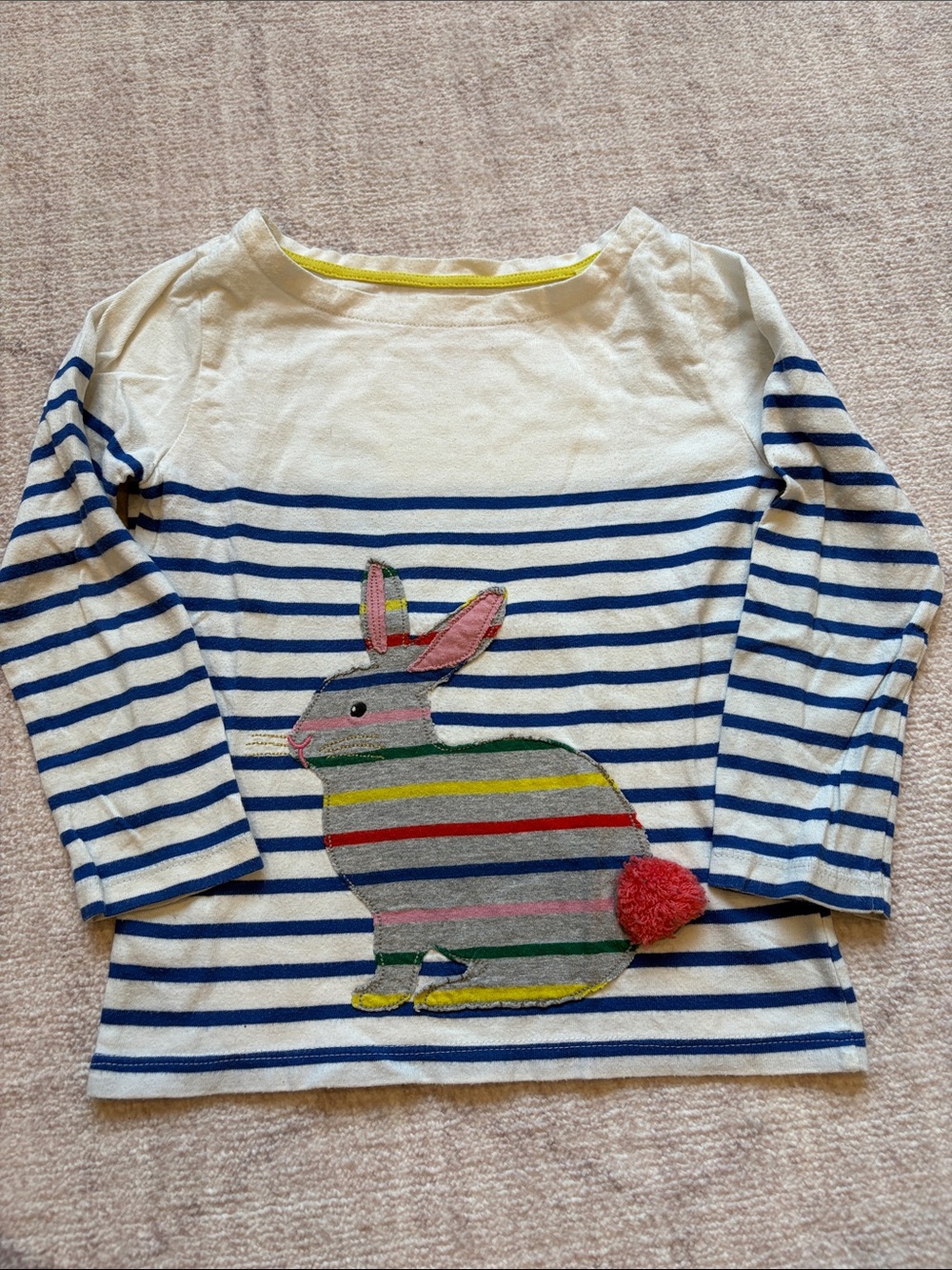 Mini Boden White & Blue Striped Long-Sleeve Top with Colorful Bunny Appliqué